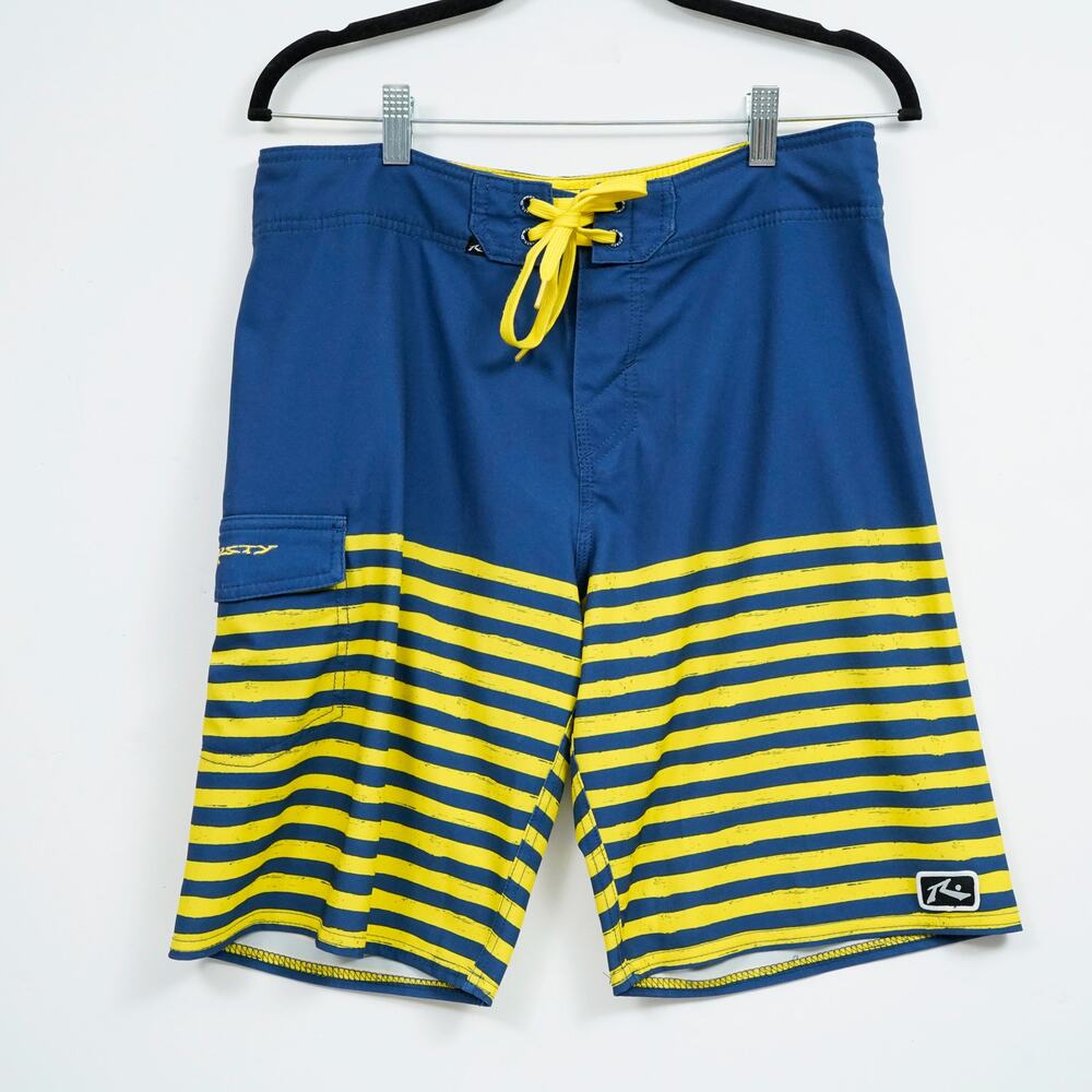 Rusty Board Shorts Men's 30 Blue Yellow Striped Surf Swim Trunks 10" Inseam